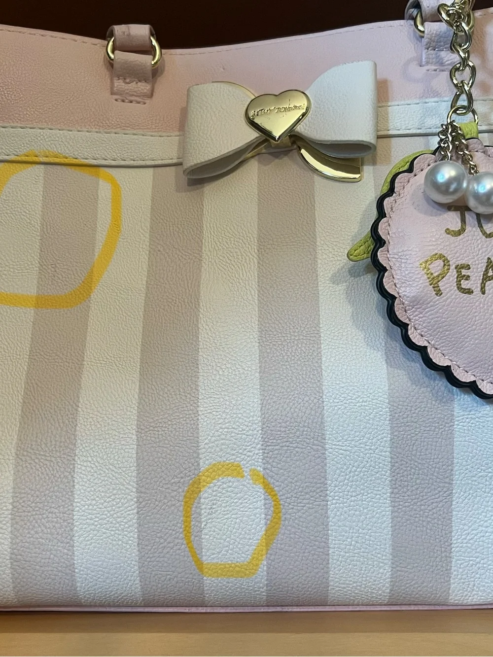 Betsey Johnson Pink and Cream Striped Satchel with Bow Charm